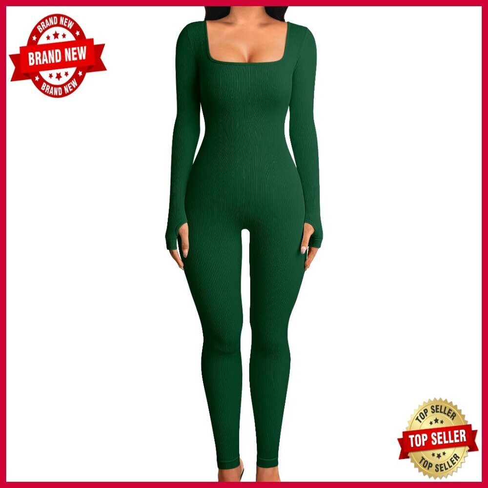 Long Sleeve Ribbed Yoga Jumpsuit One Piece Workout Bodysuit Pants